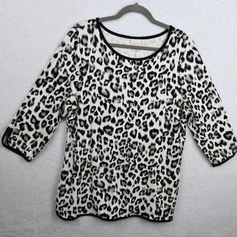 Chico's Leopard Print Top Womens 12 White Black 3/4 Sleeve Scoop Neck SKU 1492